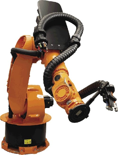 Industrial 6-axis robotic arm equipped with a flexible protective cable conduit for managing power and signal cables during complex multi-axis movements, providing torsion resistance, bend protection, and reliable cable performance in automation applications.