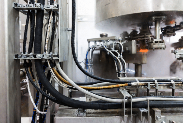 Industrial cables exposed to water spray and heat in a washdown food processing or automation area, highlighting requirements for chemical and temperature resistant jacket materials