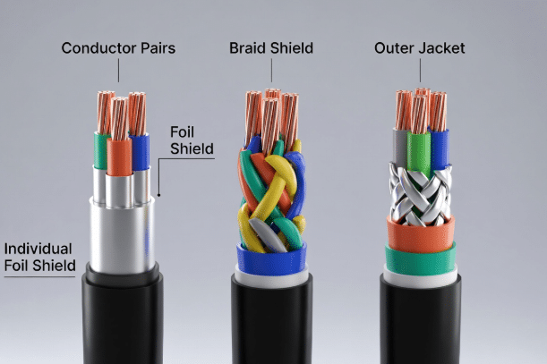 Detailed cutaway view comparing foil shielding, braided shielding, and hybrid foil-plus-braid structures in custom industrial cables for EMI protection
