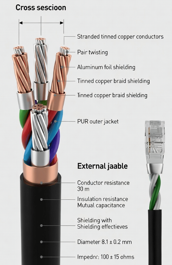 Detailed cross-section of shielded twisted pair industrial Ethernet cable showing conductors, insulation, shielding layers, and PUR jacket for flex and EMC performance in PROFINET EtherCAT systems