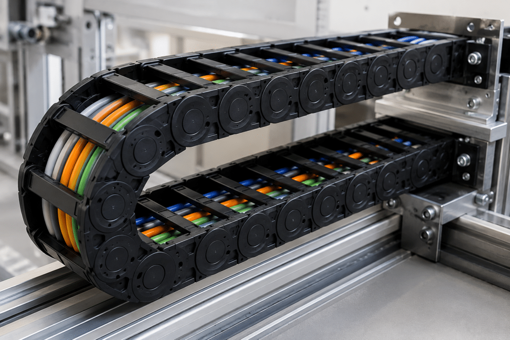 Close-up of a black drag chain cable carrier containing multiple colored electrical cables, designed to protect and organize moving cables in industrial automation, CNC machines, and robotic equipment.