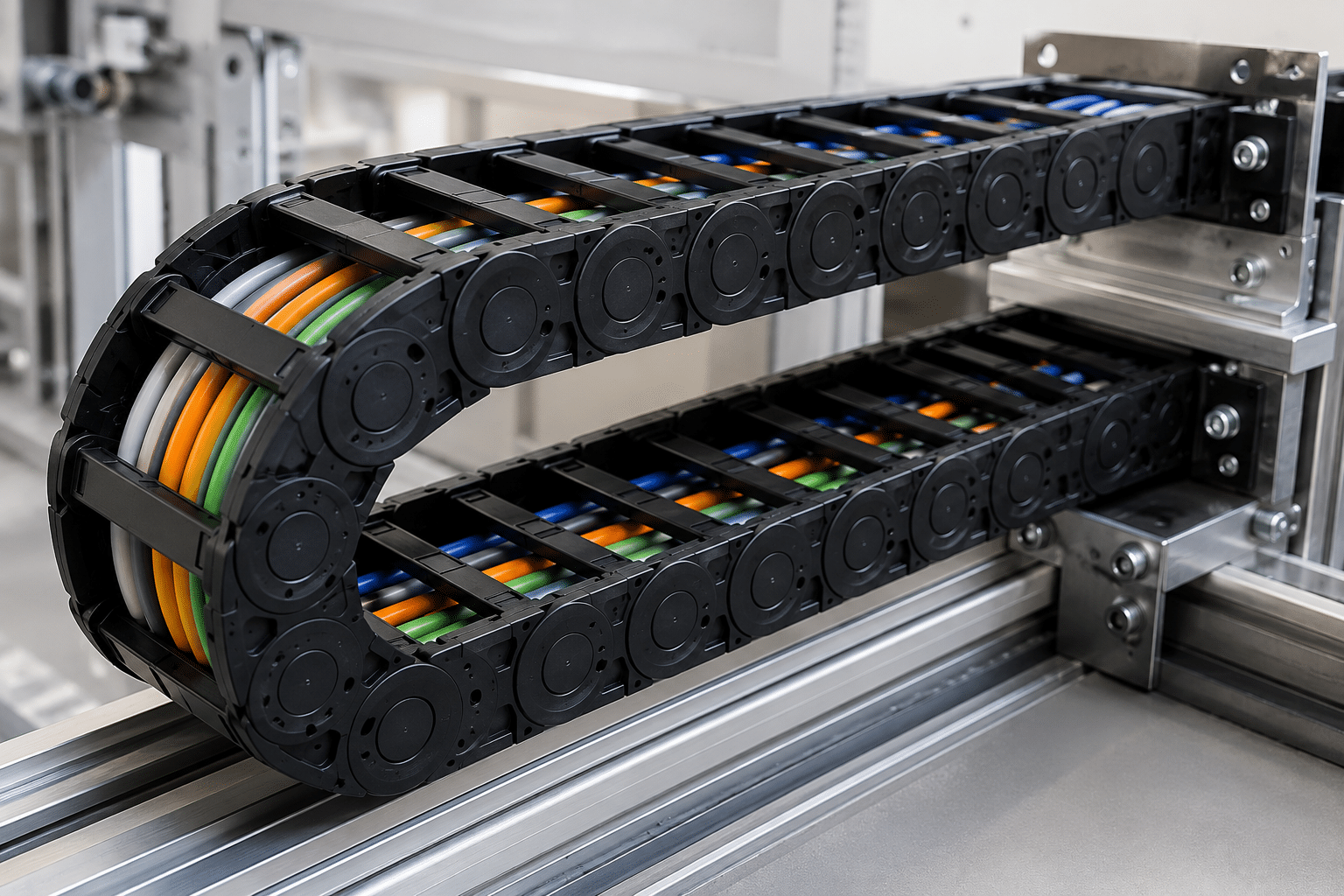 Close-up of a black drag chain cable carrier containing multiple colored electrical cables, designed to protect and organize moving cables in industrial automation, CNC machines, and robotic equipment.