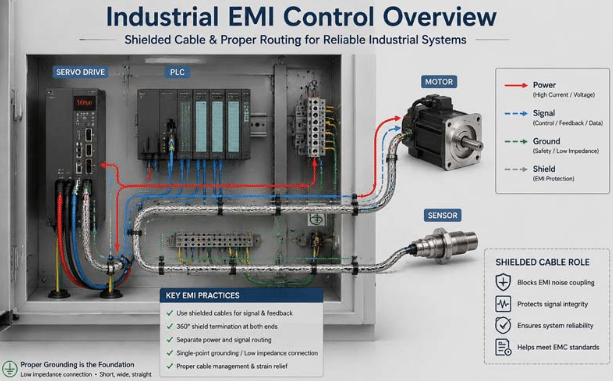 Detailed view of shielded cables and wiring in control panel demonstrating EMI management and environmental protection considerations when choosing between off-the-shelf and custom cables for servo and fieldbus applications