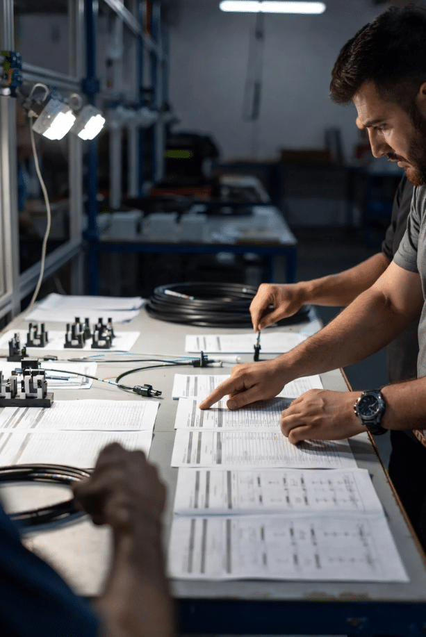 Technical team examining custom cable jacket samples and material specifications in factory setting, representing collaborative material selection process for harsh environments