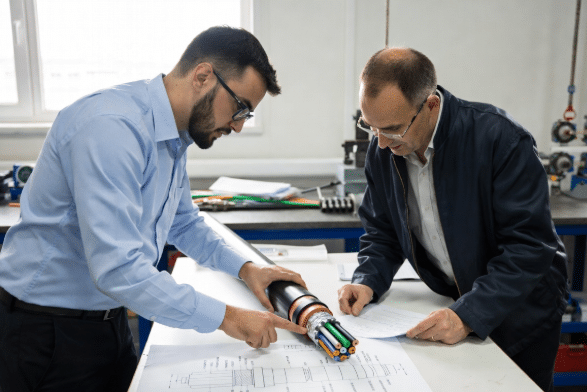 Two engineers in a cable manufacturing facility examining technical drawings and a prototype custom cable, representing collaborative design process for matching conductors, shielding and jackets to specific automation application requirements.