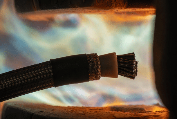 Close-up of durable high-temperature silicone cables performing reliably near hot industrial equipment, highlighting material selection for extreme heat