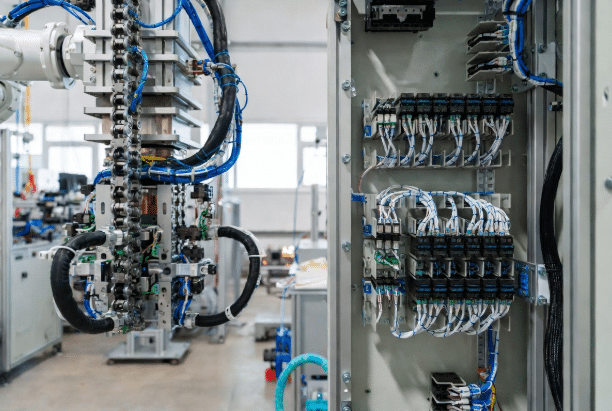 Realistic factory scene with robotic arm, drag chains, and control cabinet highlighting contrast between standard catalog cables and custom-engineered flexible cables for motion-intensive industrial automation projects