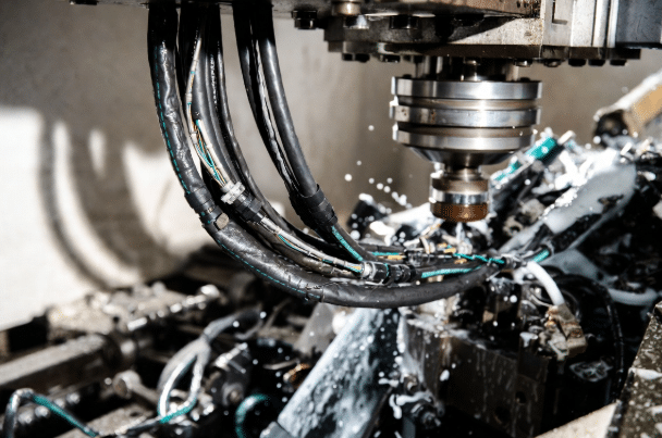 Realistic view of custom industrial cables with durable jackets operating in a machine tool with cutting oil, metal chips, and harsh factory conditions, illustrating material selection importance for reliability