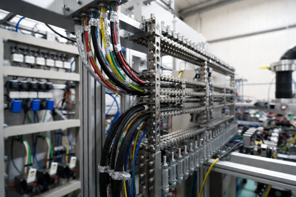 Multiple shielded industrial servo and control cables installed in a metallic drag chain within a factory automation cell, illustrating real-world routing conditions that drive custom cable design decisions for flex life and durability.