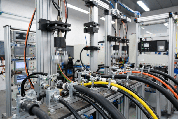 Cables under endurance testing in manufacturer lab, demonstrating quality processes that reduce total cost of ownership for custom cables