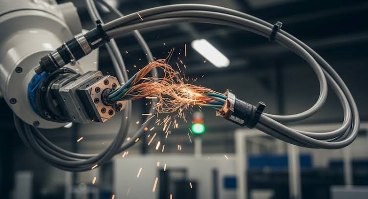 Damaged robotic arm cable showing exposed wires and signs of wear caused by repeated motion, highlighting the importance of regular cable inspection, maintenance, and proper cable management to prevent failures in industrial automation systems.
