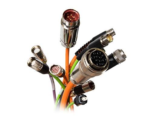 Bundle of servo power and feedback cables with shielded circular connectors used in industrial robotics, servo motors, CNC machines, and automation systems.