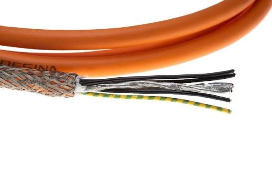 Close-up of a shielded orange drag chain cable with exposed braided shielding and internal conductors, designed for continuous flexing and reliable signal and power transmission in CNC machines, robotics, and industrial automation systems.