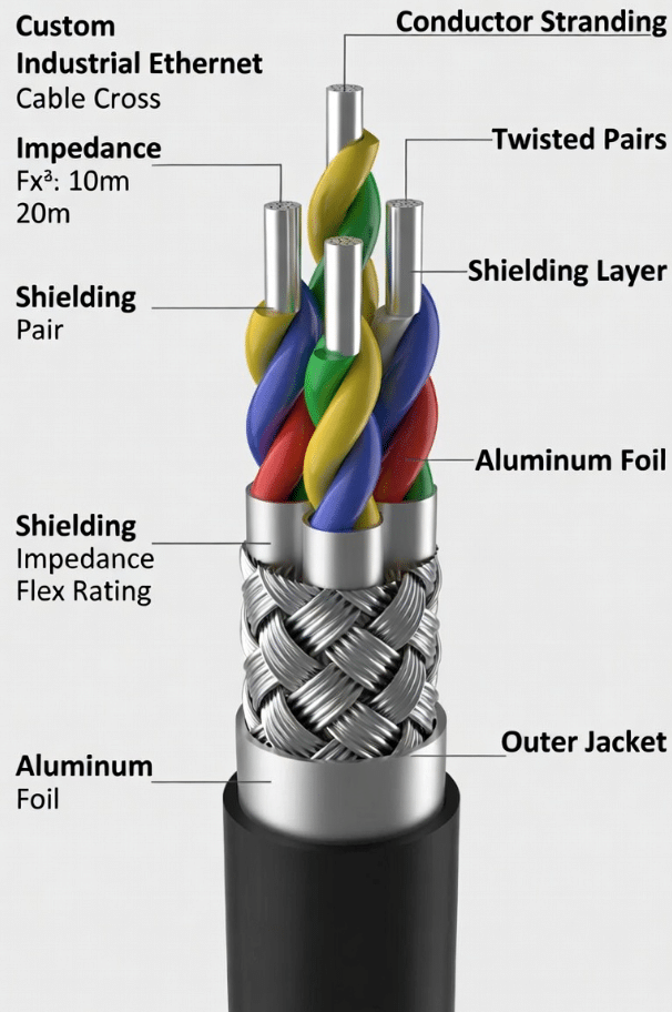 Network cables installed in drag chain on six-axis robot arm for EtherCAT and fieldbus communication in dynamic industrial environment