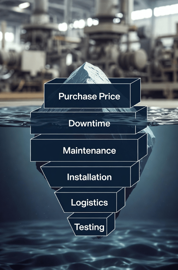 Professional diagram showing stacked costs beyond purchase price for custom cables, highlighting downtime, maintenance, and logistics in industrial automation TCO