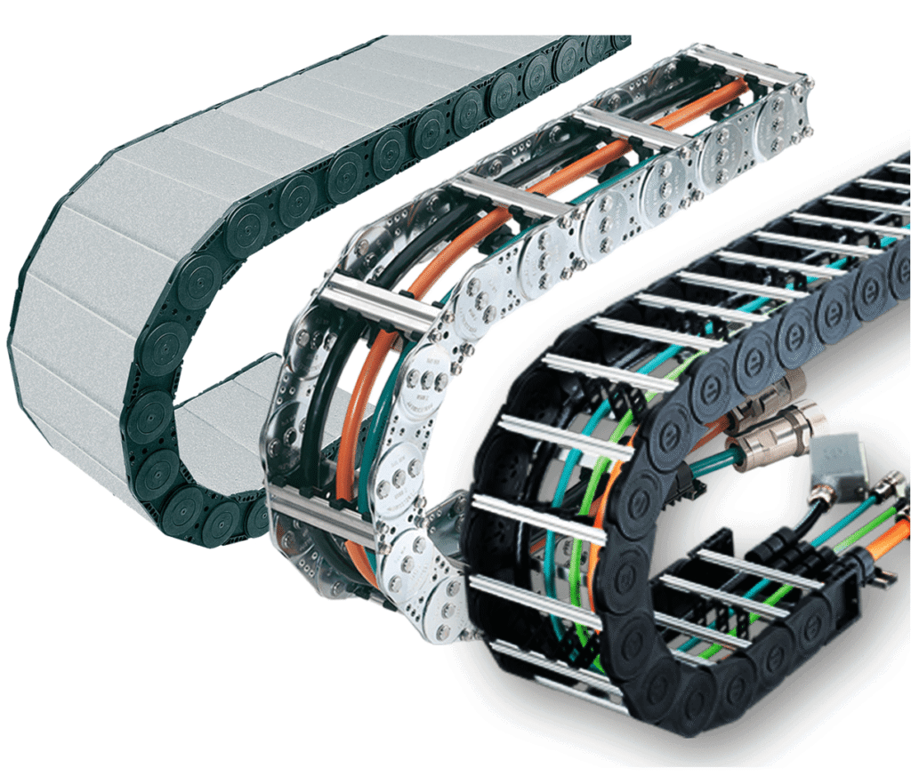 Three types of industrial drag chain cable carriers displayed side by side, including enclosed, metal, and open-style energy chains with organized electrical cables for CNC machines, robotics, and automated manufacturing equipment.