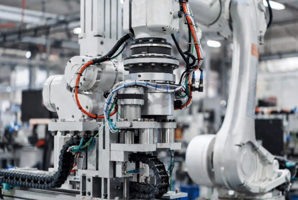 Professional photo of 6-axis robot arm in factory with cables in drag chain demonstrating bending motion and twisting at joints, illustrating twisting vs bending in robot cables for design selection