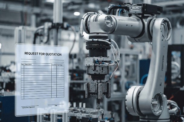 Professional photo of 6-axis industrial robot with torsion cables routed along wrist joints, overlaid with RFQ checklist elements, representing the connection between robot motion specification and cable design