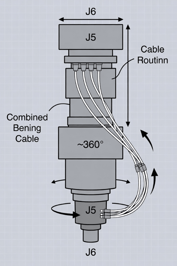 Technical diagram showing 6-axis robot wrist with torsion cable twisting ±360 degrees, labeled combined bending and torsion motion at J5-J6 joints for robot cable specification