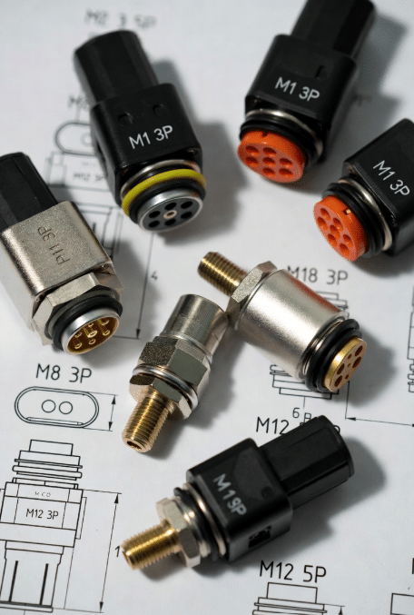 Close-up of straight and 90-degree angled M8 M12 connectors highlighting pin counts, coding, and mechanical layouts used in custom sensor and actuator cable designs for tight industrial spaces