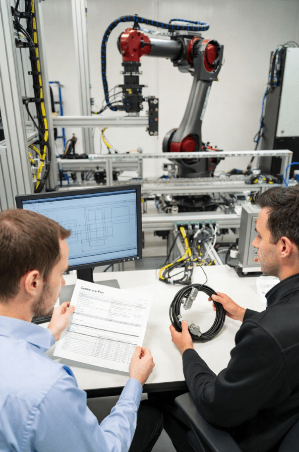 Technical team examining cable samples and datasheets for robotic automation project, focusing on motion-specific selection best practices