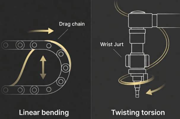 Engineering diagram comparing linear bending motion in drag chain versus torsional twisting in robot joints with clear arrows and labels for industrial cable selection