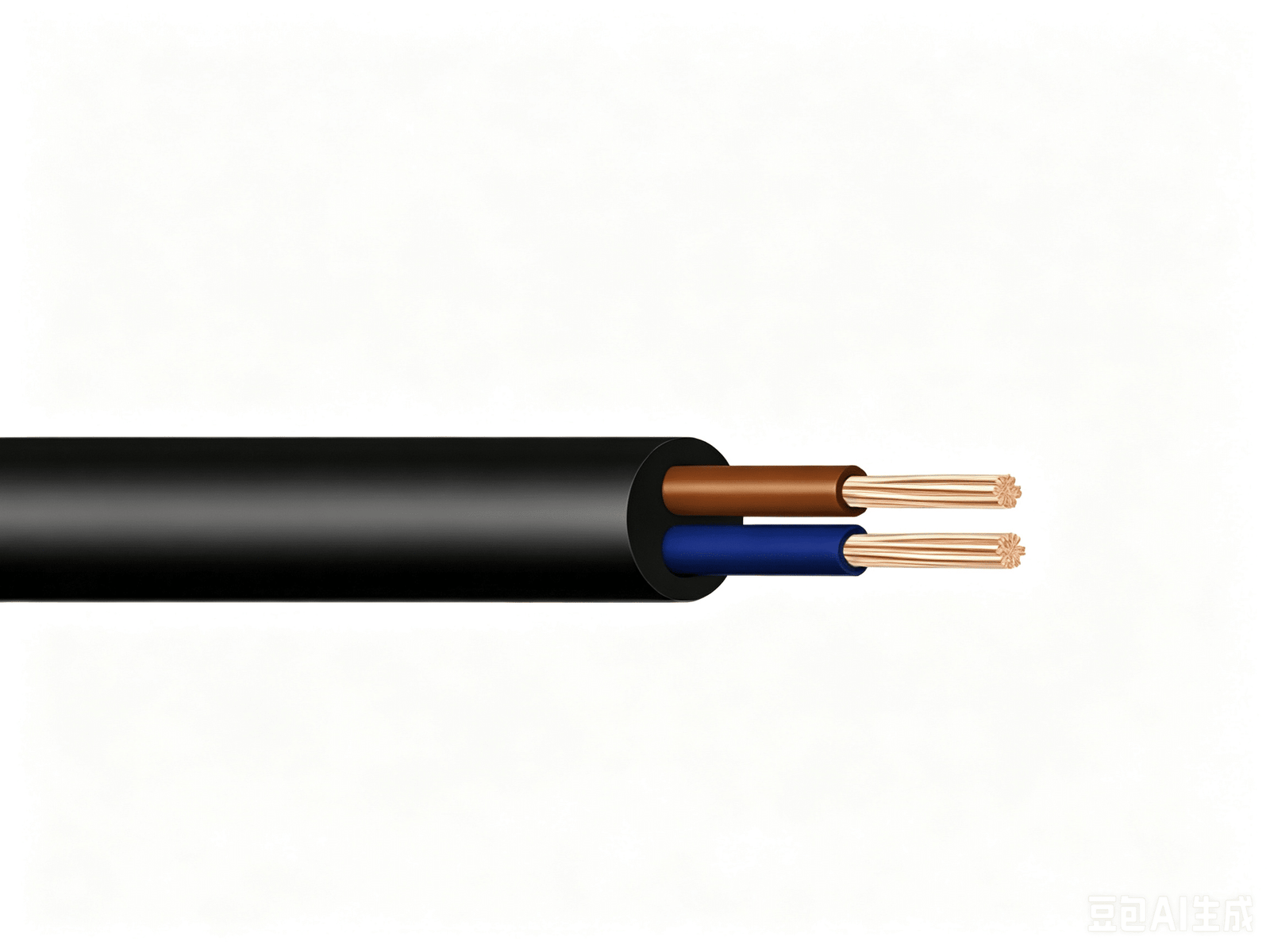 Close-up of a black RVV sheathed power cable with two stranded copper conductors (brown and blue insulated), suitable for household appliances, surveillance systems, and indoor wiring.