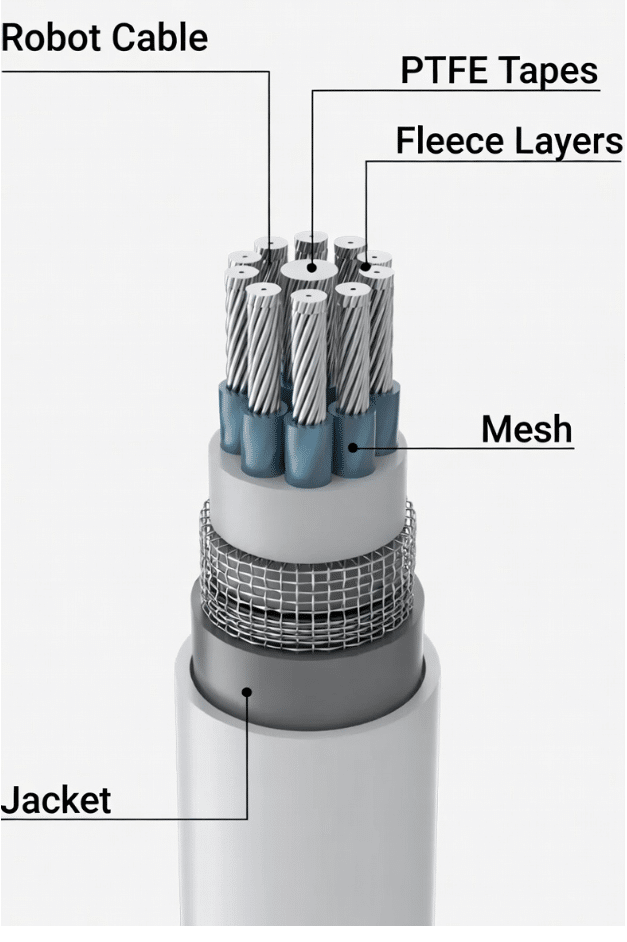 Cross-section illustration of PTFE tapes, mesh, and fleece buffering materials in robot torsion cable design for reduced friction and extended flex life