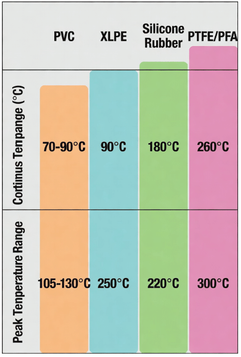 Technical comparison chart of continuous and peak temperature ratings for PVC, XLPE, silicone rubber, and PTFE/PFA high temperature cable insulation materials used in industrial selection