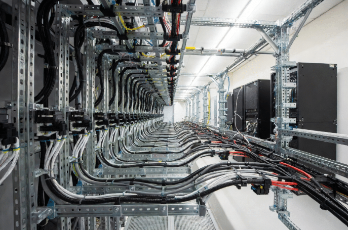 Clean data center control room or server hall with extensive LSZH cable installations in trays, showing high-density routing typical of safety-critical confined environments