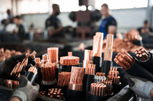 Close-up industrial scene of recycling halogen-free LSZH cables, separating recyclable copper conductors from eco-friendly polymer jackets to demonstrate sustainability in cable end-of-life management