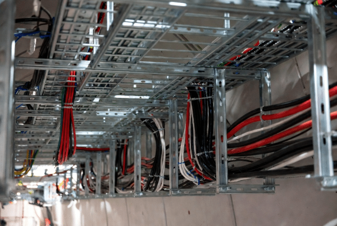 Realistic view of organized cable trays with power and control cables installed in an enclosed industrial or tunnel environment, highlighting fire safety considerations for halogen-free vs PVC cable installations