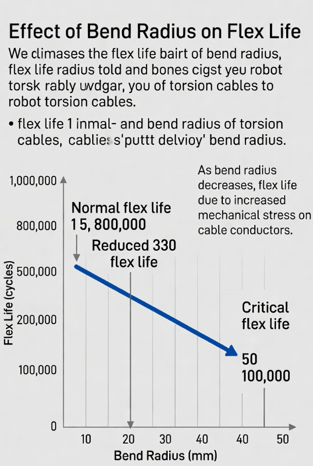 Technical graph demonstrating how tighter bend radius significantly reduces flex life in robot torsion cables for engineering reference