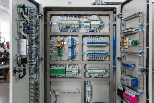 Open control panel door displaying excellent cable management, separated wireways, labeled wires, and organized terminal blocks for sensors and actuators