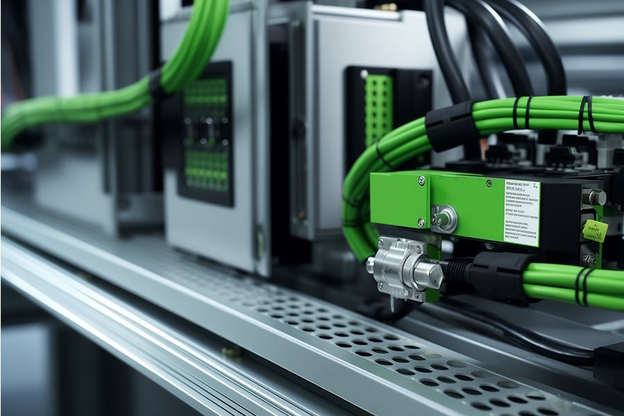 Bright green servo motor cables connected to industrial drive units with secure connectors, highlighting color-coded wiring for easy maintenance in automation systems