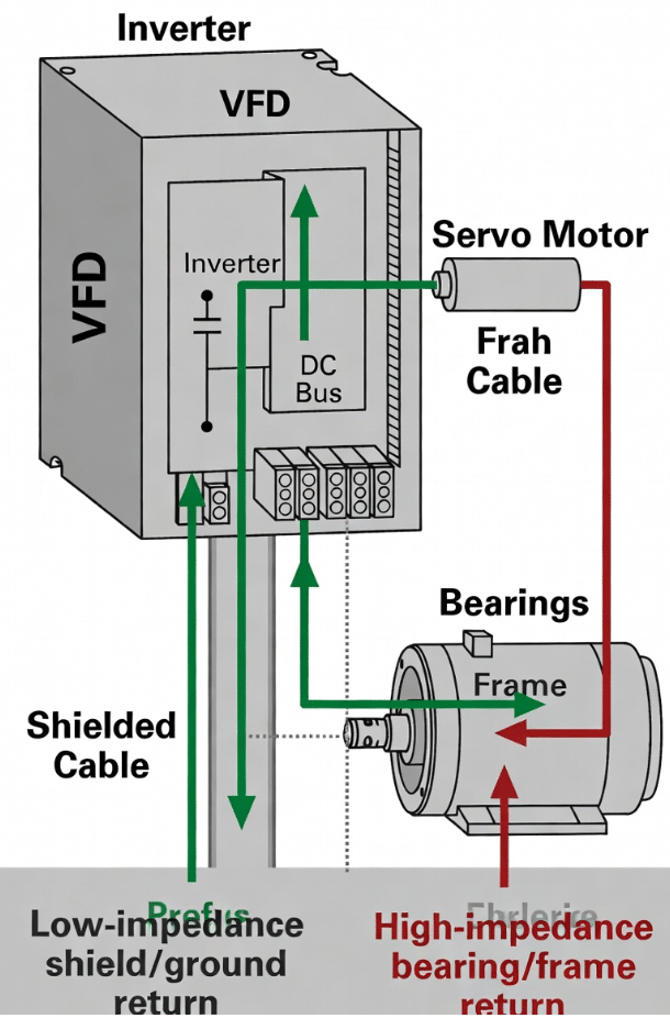 Technical diagram showing preferred common-mode current return through shielded VFD servo cables versus damaging paths through motor bearings in inverter-driven systems