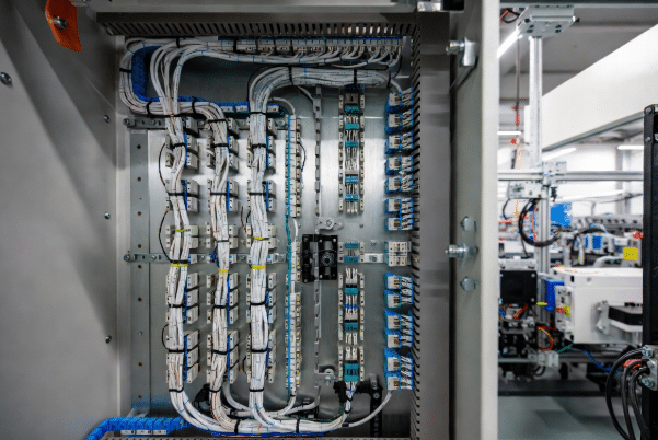 Professional view of compact industrial control cabinet showing neatly managed shielded servo cables, small cable carriers, and connectors in tight space for automation equipment