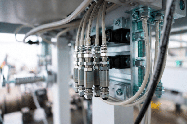 M8 sensor cables installed in space-constrained areas on industrial equipment, demonstrating advantages for compact sensors in automation