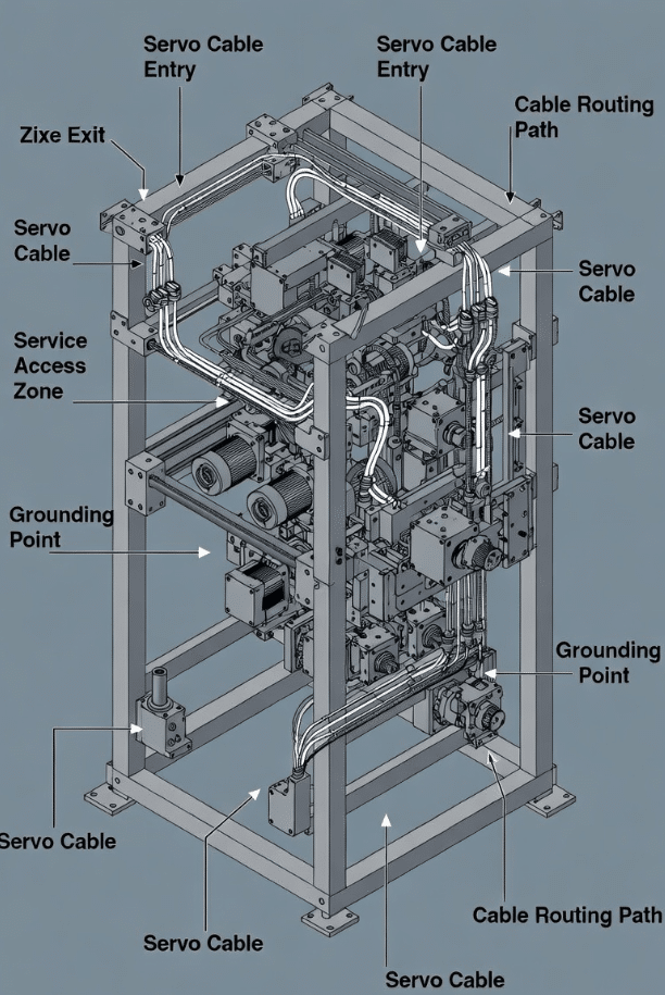 Technical diagram comparing separate power feedback servo cables versus hybrid one cable technology in compact machine design with labels