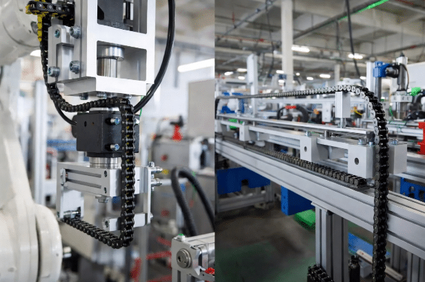 Side-by-side industrial automation axes showing compact short-stroke energy chain and extended long-travel guided drag chain for cable motion profile selection