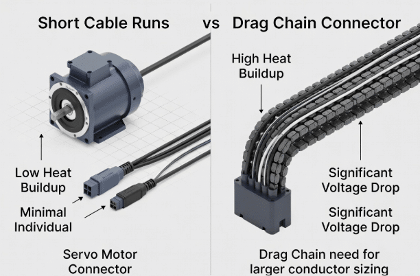 Engineering graphic comparing cable configurations demonstrating voltage drop, heat buildup, and conductor sizing needs for servo motor cables