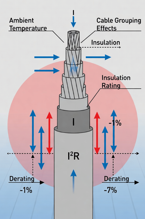 Technical diagram showing I²R heat, ambient temperature effects, cable grouping, and insulation rating impacts on servo motor cable life and overheating prevention