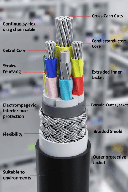 Realistic cutaway cross-section of drag chain cable revealing central tensile element, bundled cores, extruded inner jacket, shield, and outer jacket for long-life performance in cable carriers