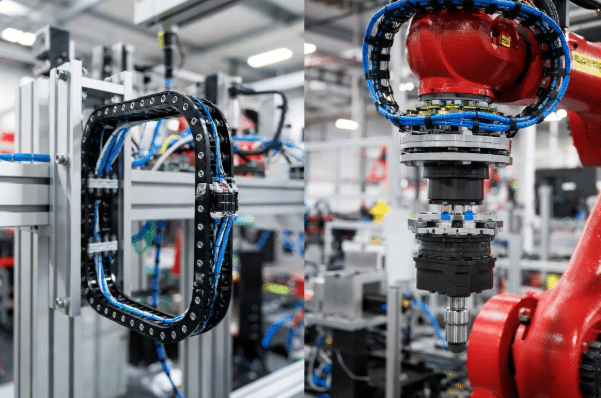Side-by-side view of continuous-flex cables in energy chain on linear axis and torsion-resistant cables on 6-axis robotic arm, illustrating key motion differences for proper cable selection in industrial automation