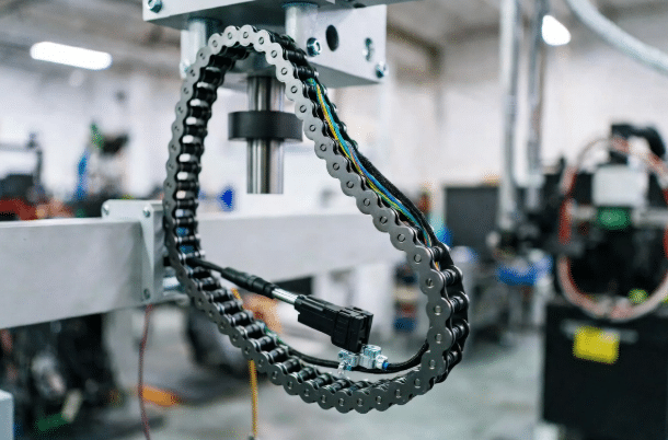 High-flex servo cable properly installed in drag chain demonstrating controlled bend radius and orderly layout for linear motion in automation