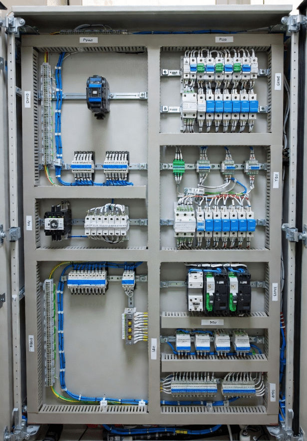 Industrial control cabinet interior demonstrating dedicated ducts, power-control zoning, airflow clearances, and organized servo cable routing