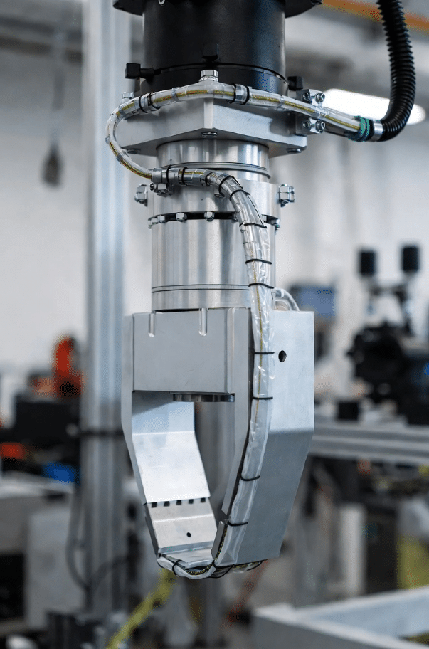 Close-up of strain relief clamp and service loop on six-axis robot arm with high-flex torsion cable, demonstrating proper installation to prevent damage