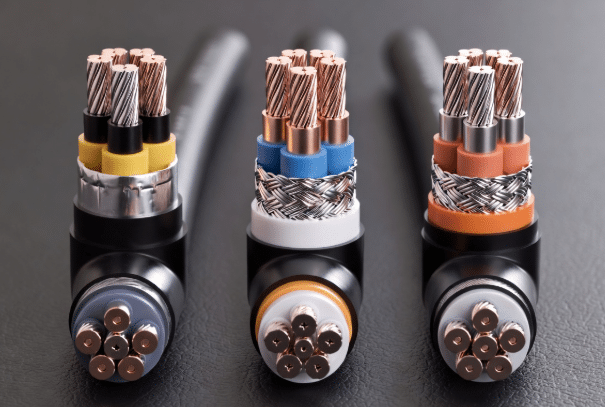 Technical photorealistic comparison of cable cross-sections demonstrating foil shield, braided shield, and hybrid foil+braid configurations used in continuous flex drag chain cables
