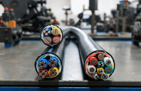 Side-by-side cutaway view of a standard 4-core motor cable and a servo motor cable with additional shielded feedback pairs, highlighting key design differences in conductor layout and shielding for EMI performance in servo systems.