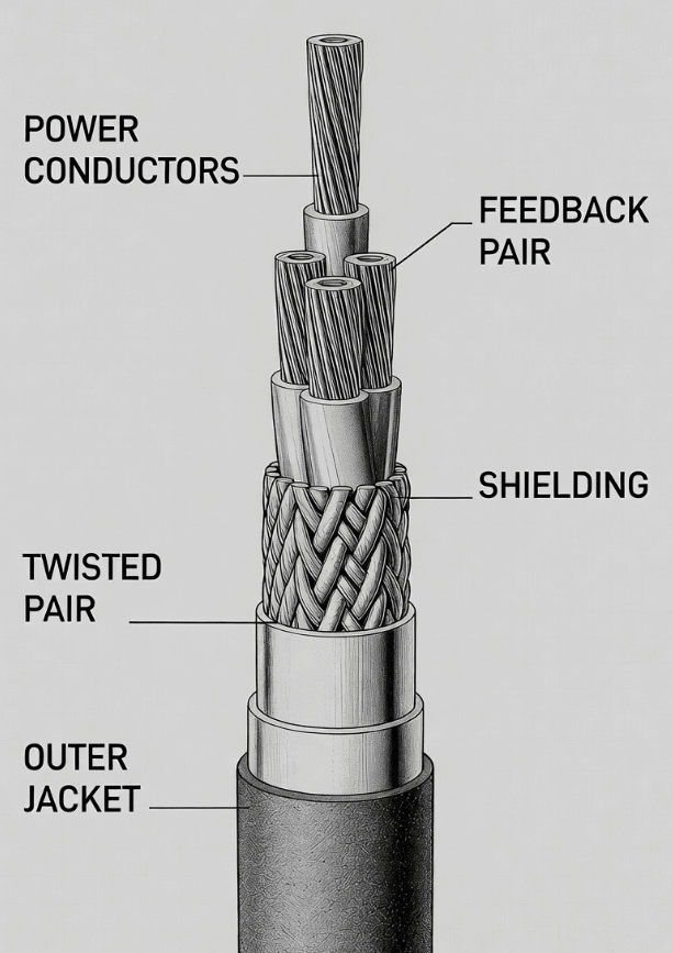 Detailed cutaway of hybrid servo cable showing power conductors, feedback twisted pair, shielding layers and jacket engineered for signal integrity and EMC in servo systems